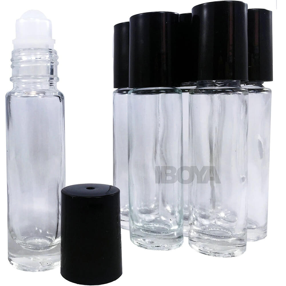 Premium Clear Glass Roll-on 10ml (1/3 oz) Cylinder Bottles (Black Caps) 